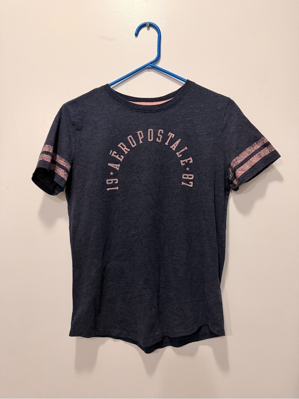 Aeropostale Kids Navy Tee with Pink Logo and Sleeve Stripes